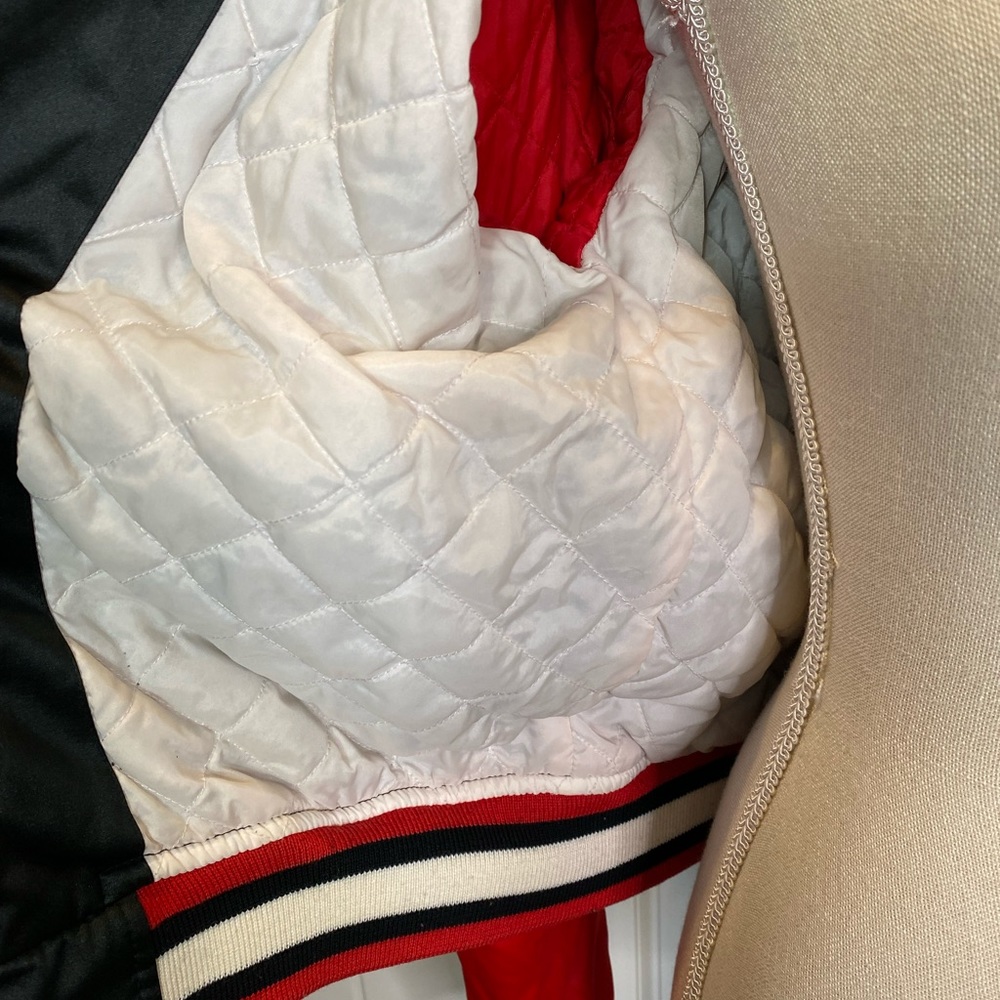 EckoRed Embroidered Satin Knitted Zip Up Bomber Jacket - Picture 9 of 15